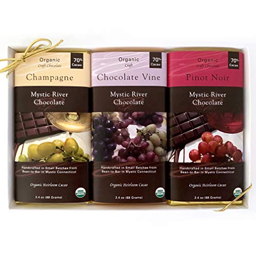 Mystic River Chocolate Wine Lovers Organic 3-Bar Gift Box: (1) Champagne Chocolate Bar (1) Mystic River Chocolate Vine Bar (1) Pinot Noir Chocolate Bar