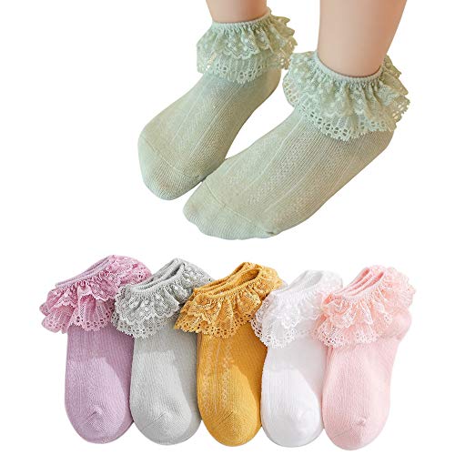 Juebm Pack of 3/5/6 Toddlers Baby Girls Ruffle Socks Frilly Socks Lace Top Anklet Socks,0-8T (White,Light Green,Yellow,Pink,Purple/5 Pairs, 3-12 Months)
