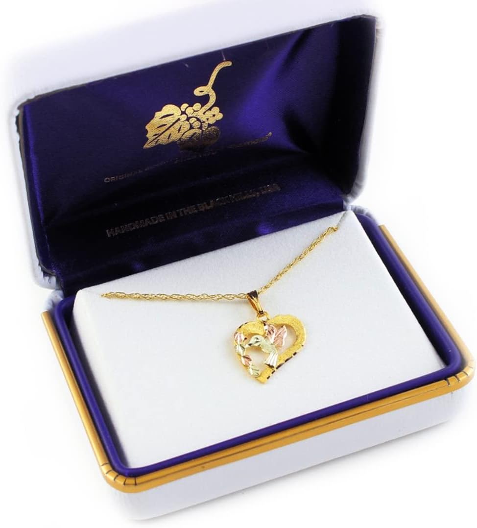 Hummingbird Heart Pendant Necklace, 10k Yellow Gold, 12k Green and Rose Black Hills Gold 18 Inches…