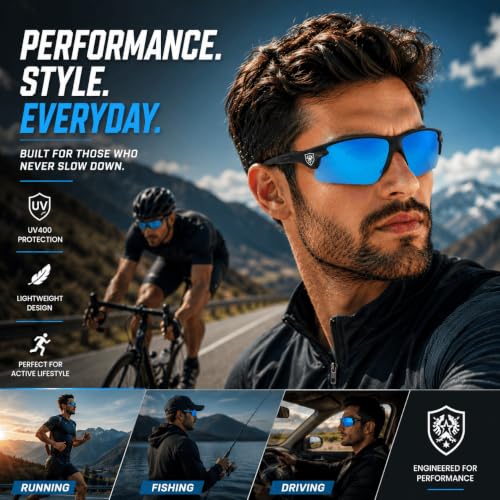 Image of Sports Sunglasses, Blue /Black | Full-Coverage UV400 Protection, Hydrophobic Mirrored Lens, Lightweight Shatterproof Design, Mercury