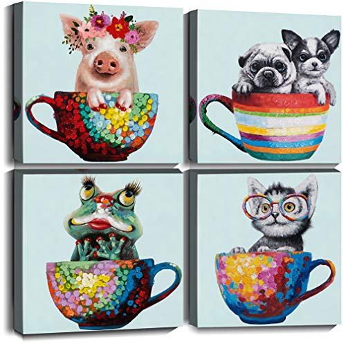 Merrleem Regenbogen-Tiere, Wandkunst, lustiges Froschschwein in Tassen, Leinwanddruck, Bild für Kinderzimmer, Kinderzimmer, Schlafzimmer, Kinderzimmer, Dekoration, 40,6 x 40,6 x 40,6 x 40,6 x 40,6 cm Cover