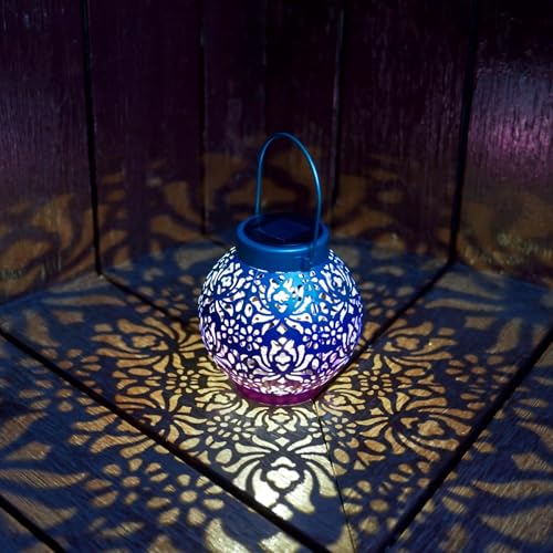 Image of 2 Pack Outdoor Solar Hanging Lantern Lights Metal LED Decorative Lamp for Garden Patio Courtyard Lawn and Table with Hollowed-Out Design (Royal Purple)