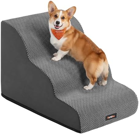 Feandrea Hundetreppe, 3 Stufen, wasserdicht, rutschfest, geringe Neigung | Haustiertreppe, Kurzplüsch, abnehmbarer waschbarer Bezug, Griff, für Bett, Sofa, Schiefergrau, BADDI Koll