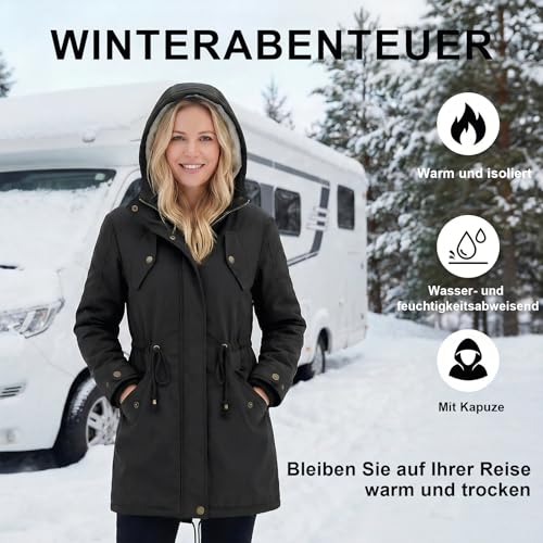 YYNUDA Wintermantel Damen Warm Gefüttert Winter Parka Mittellang Winterjacke Winterparka mit Fellkapuze Dicke Coat Große Größen #337 Schwarz M