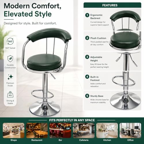 Image of Kemon Modern Adjustable Swivel Bar Stool Chair with Backrest, PU Leather Hydraulic Counter Stool with Footrest for Kitchen Island, Cafe & Home Bar (1, Green, Round Barrel Stool)
