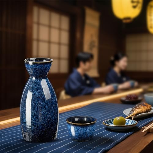 DUJUST 11 tlg. Japanisches Sake Set für 6 Personen, Ofengealterte Glasur Porzellan Sake Set, 6 Tassen, 1 Flasche, 1 Wärmer, 1 Kerzenständer, 1 Tablett & 1 Box, Warme Karaffe - Dunkelblau