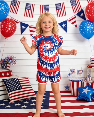 Image of Toddler Girls July 4th Shirts American Flag Ruffle Short Sleeve Patriotic Red White Blue Star Outfits Blouse Tops