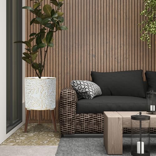 12inch Plant Pots with Wood Planter Holder Indoor Flower Pot with Gold Floral Embossed Modern Planters with Drainage Holes for Living Room, Office, Garden or Balcony