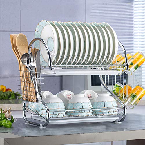 Dish Drying Rack, 2-Tier Dish Rack with Drainboard, Utensil Holder, Cup Holder, Rust-Proof Kitchen Countertop Drainer