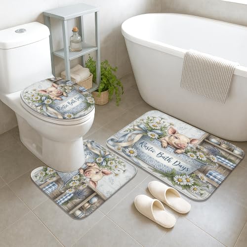 Ensemble rideau de douche et tapis cochon bleu rustique 183 cm