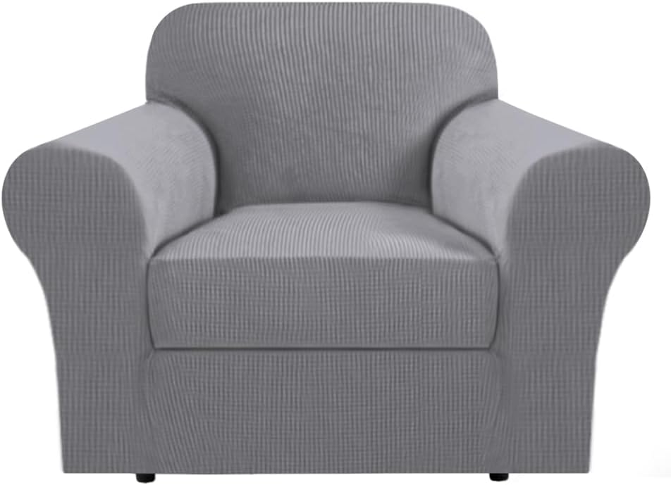 H.VERSAILTEX Stretch Armchair Cover 2 Piece Chair Covers for Living Room Furniture Cover Soft with Elastic Bottom for Kids, Spandex Jacquard Fabric Small Checks(Armchair-Oversized, Dove)