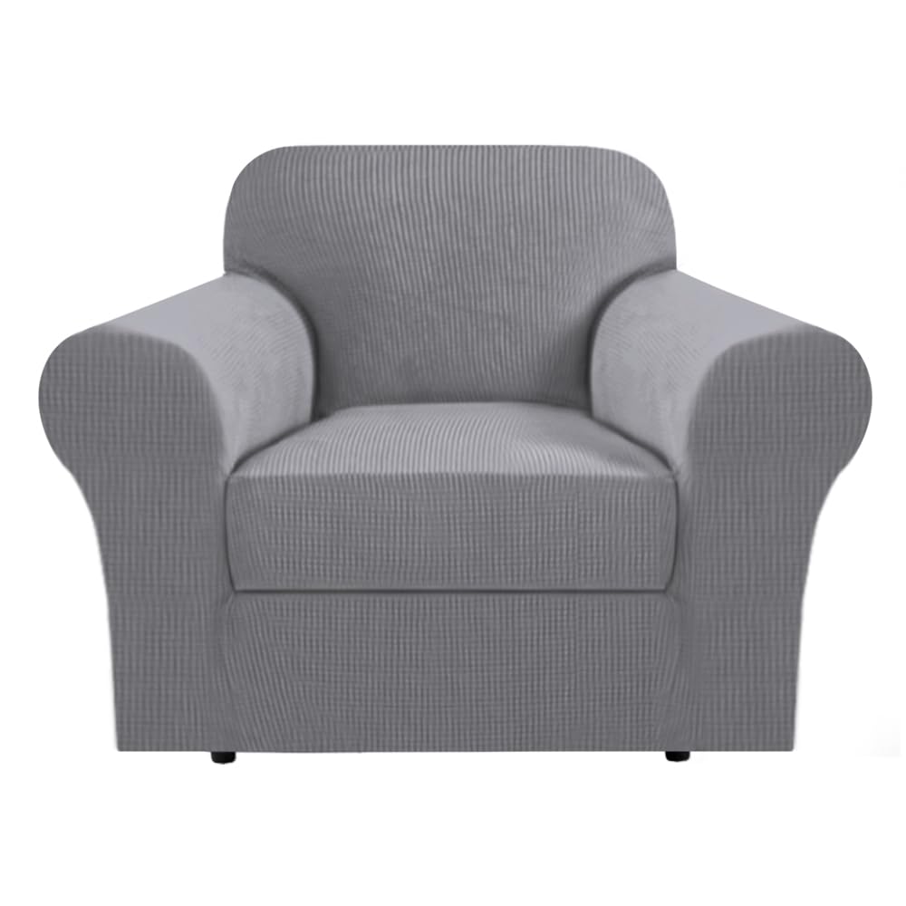H.VERSAILTEX Stretch Armchair Cover 2 Piece Chair Covers for Living Room Furniture Cover Soft with Elastic Bottom for Kids, Spandex Jacquard Fabric Small Checks(Armchair-Oversized, Dove)