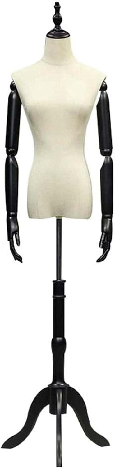 Professional Female Mannequin Torso Body Dress Form with Adjust Tripod Stand and Wooden Arms for Clothing Jewelry Display