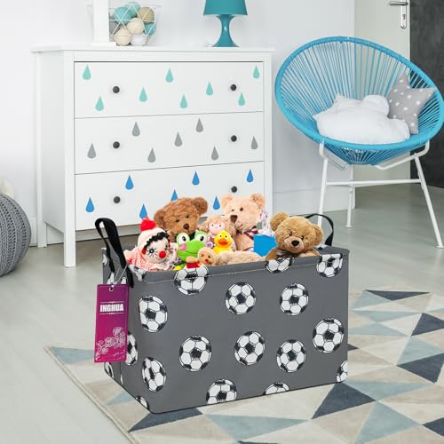 Image of Rectangular Football Storage Basket | Fabric Organizer Bin for Books,Clothes,Gifts,Perfect for Home,Office,Nursery,Shelf(Rec-grey football )