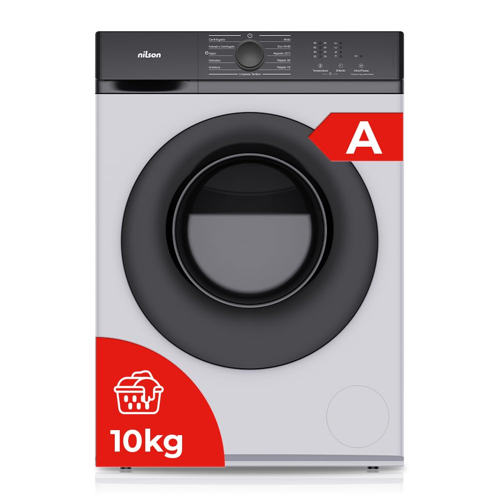 Nilson Lavadora 10Kg Carga Frontal Blanco NL10400AI. 1600W, 1400rpm, Motor Inverter, 11 Programas, Función Stop&Go, Tambor Diamante, Clase de Eficiencia Energética A Etiqueta Energética