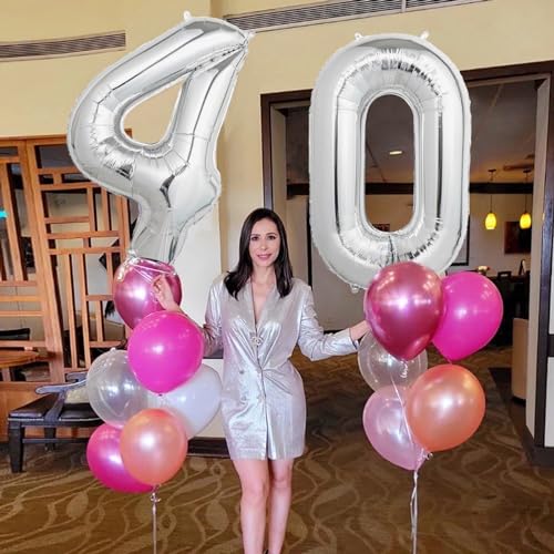 Image of Number Balloons Silver Party Balloon - Giant Number 40 Balloon, 40 Inch Large Balloon for 40th Birthday Decorations, Silver Party Supplies for Anniversary