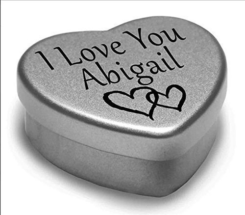 I Love You Abigail Mini heart shaped silver gift tin filled with mini chocolates. Great as a birthday present or a gift to show someone special how much you love them