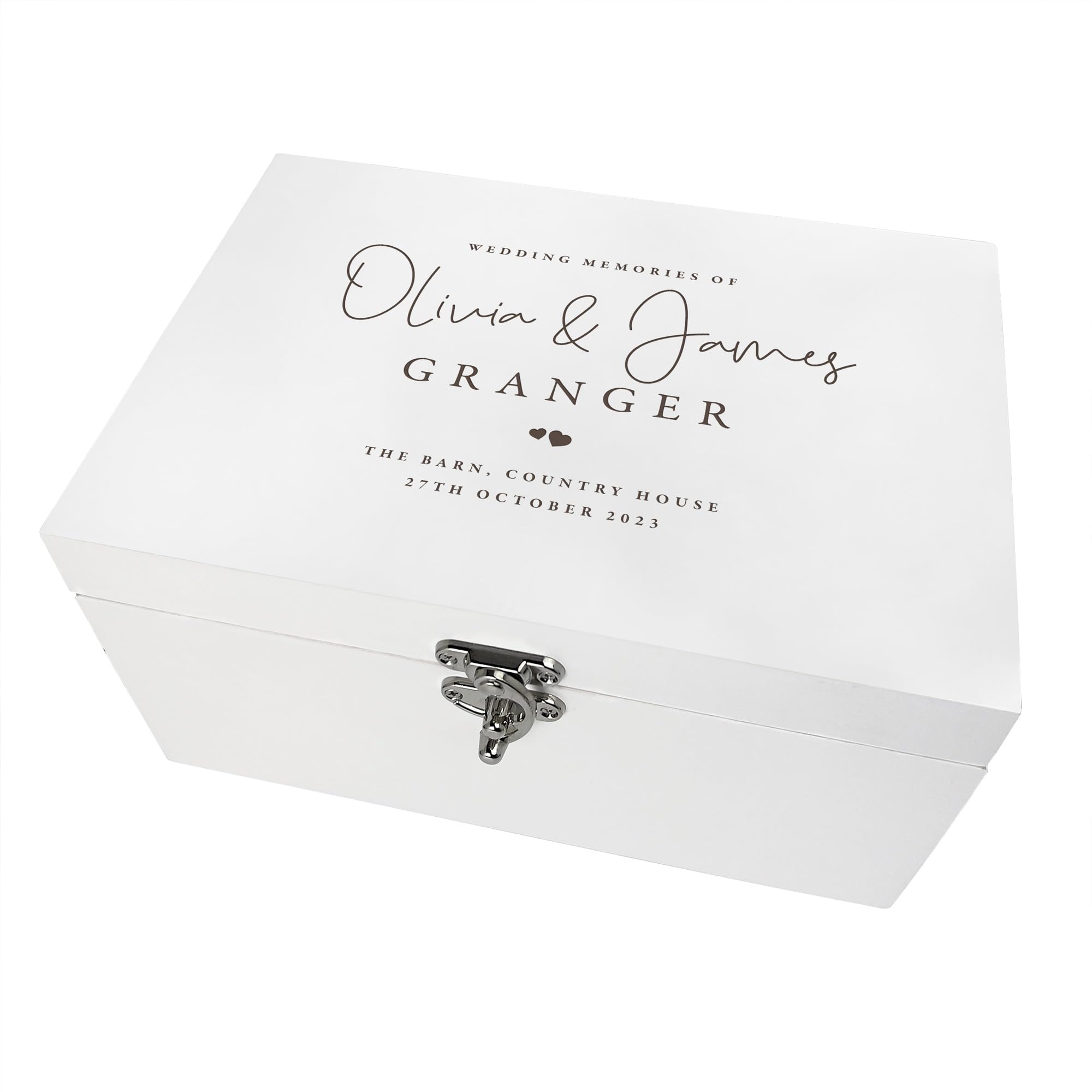 Caja de recuerdos de boda personalizada de madera blanca | Línea superior, nombres personalizados, apellidos, ubicación y fecha | regalo de boda | 30 cm x 23 cm x 18 cm