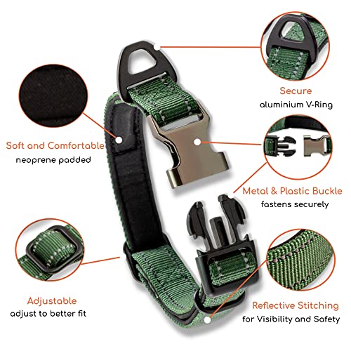 Strong Dog Collar Large Dogs - Green Reflective Adjustable Padded Dogs Collars - Metal Buckle, Aluminium V-ring, Dog Safety - Image 2