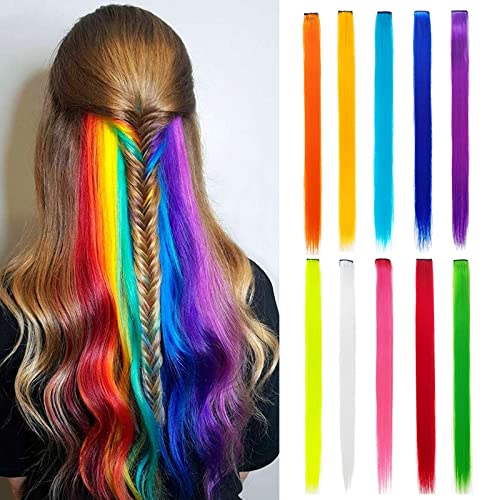 Colored Party Highlights Colorful Clip in Hair Extensions 10 Pcs20 inch Straight Synthetic Hairpieces for Women Kids Girls, Rainbow (10colored)