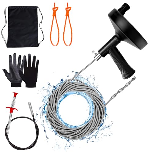 Ginbel Direct Drain Auger 33 ft, Plumbing Snake Hair Clog Remover Drain Snake Flexible Grabber Heavy Duty Sink Cleaner Tools for Shower Bathtub Bathroom Kitchen Pipe, Black