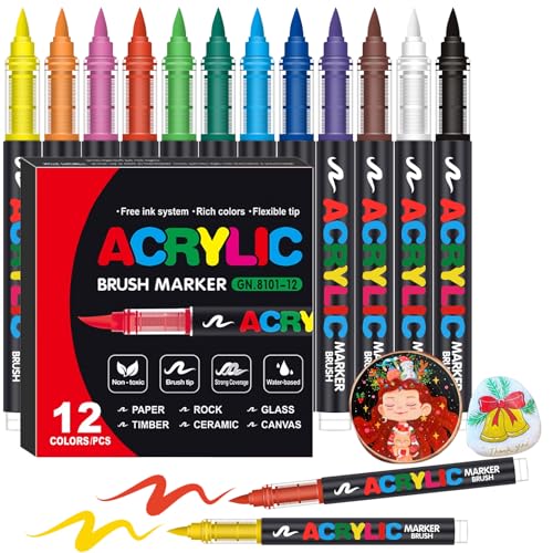 Image of Acrylic Paint Markers, Soft Brush Tip Pens and Markers, Acrylic Paint Pens for Wood, Stone, Canvas, Glass, Fabric, Egg, Rock Painting and DIY Craft Art Supplies (12)