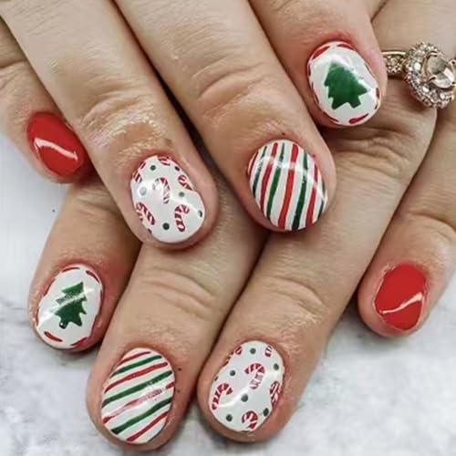 Christmas Press on Nails Short Square Fake Nails Acrylic Nails Pr...
