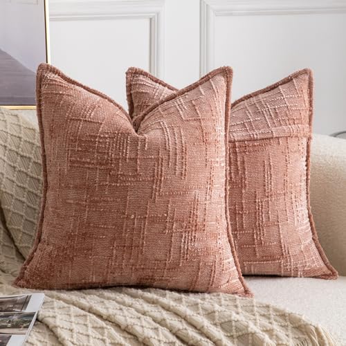 Madizz 2er Set Chenille Dekorativ Kissenbezüge Weiche neutrale Wurfkissen für Sofa Boho Akzent Zierkissenbezüge für Schlafzimmer Wohnzimmer Modernes Zuhause Dekor Rosa 60x60 cm