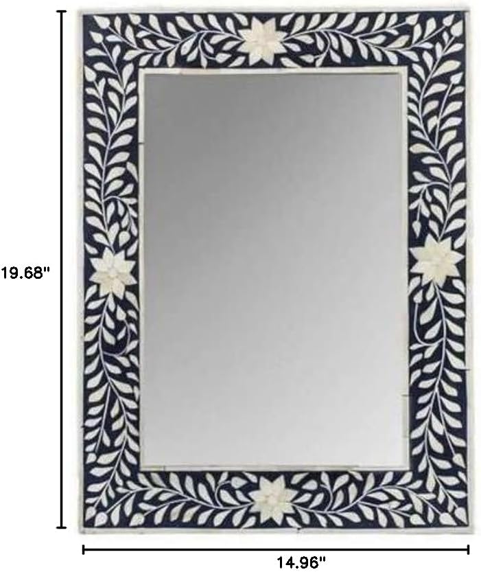 Hansa Handmade Bone Inlay Mirror Rectangular Floral Pattern Black & White Vanity Mirror for Home Farmhouse Living Room Dining Bedroom Entryway Washroom(20' L x 15' B)