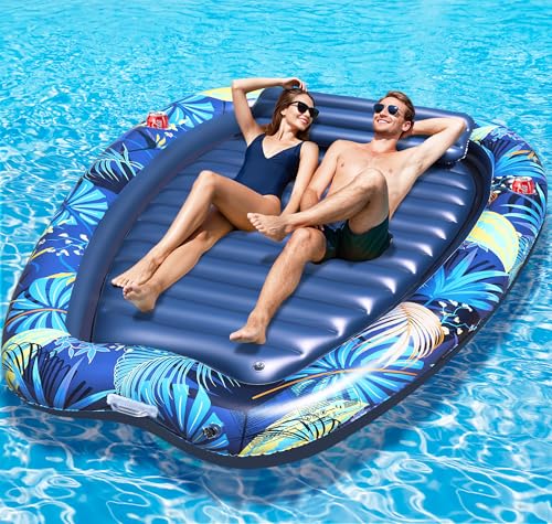 Sinbyuer 2026 Luxury 2 Person Inflatable Tanning Pool Lounger Float, 90 x 67 Inch Extra Large Inflatable Tanning Bed, Sunbathing Pool with Drink Holders & Handles, Personal Suntan Tub for Backyard