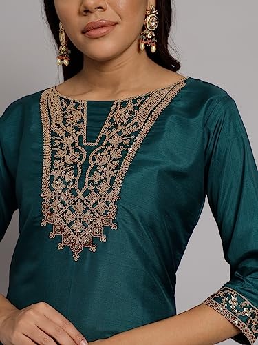 Image of VredeVogel Women's Silk Blend Embroidered Kurta with Pant & Nazneen Dupatta Set