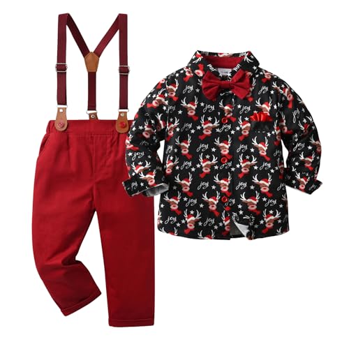 Image of Boarnseorl Baby Boys Pants Sets, Infant Long Sleeve Shirt + Pants + Bow Tie + Suspenders Outfits