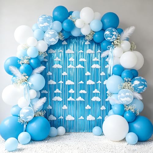 Image of 4 Packs Blue Sky Foil Fringe Curtain, White Clouds Metallic Tinsel Backdrop for Kids Toy Birthday Baby Shower Cartoon Story Party Decorations Supplies