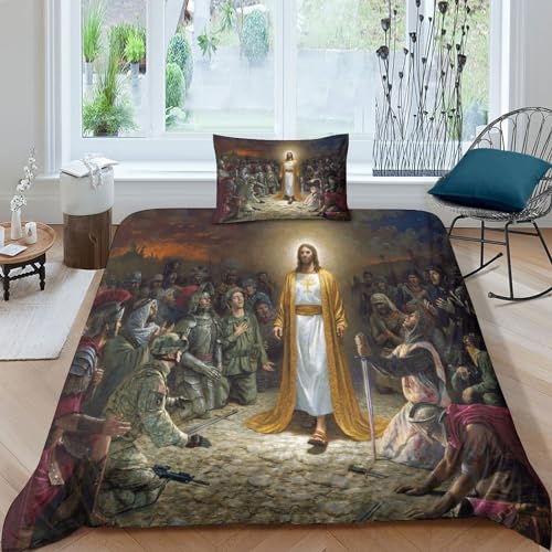 Parure de lit Jésus en microfibre premium avec motifs 3D chrétiens et finitions zippées