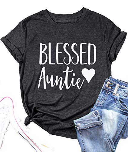 Women Blessed Auntie T-Shirt Aunt Vibes Shirt Cute Aunt Gifts Tee Shirt Letter Printed Short Sleeve Casual Shirt Blouse (Grey, X-Large)