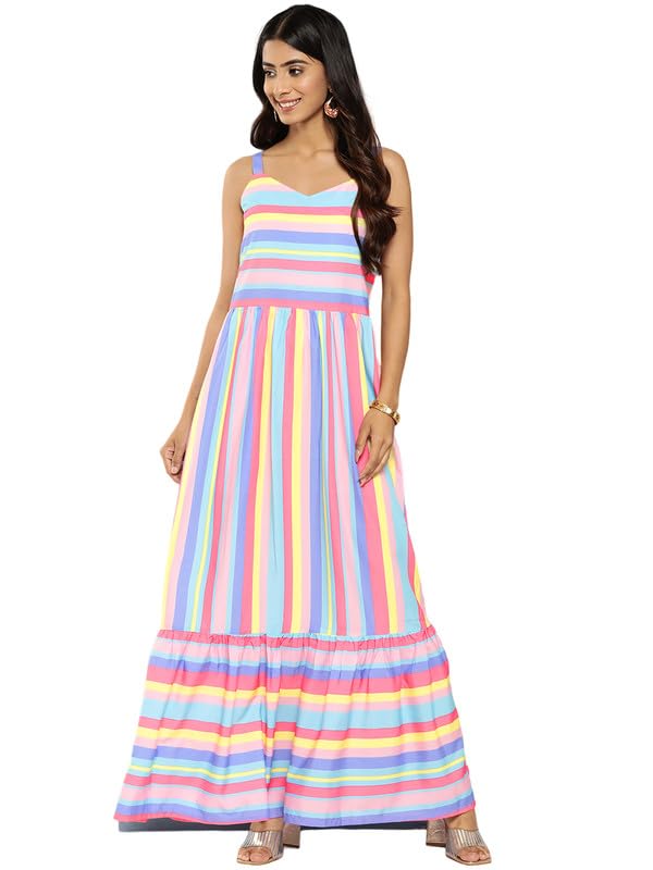 Image of Ahalyaa Striped Crepe Maxi Ethnic Dress