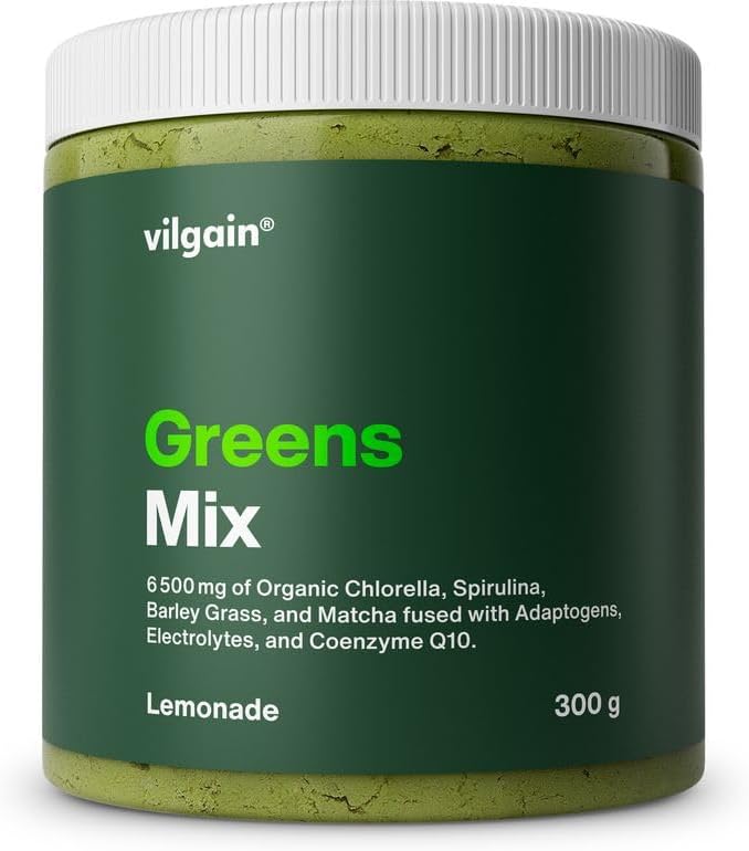 Vilgain Greens Mix | Superfood 13 Active Ingredients, Toxin Detox, Immunity Support & Digestive Support | Energy and Detoxification | Matcha, Co Q10 | Rich in Electrolytes, Adaptogens | 300 g