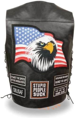 MEN'S MOTORCYCLE CLASSIC PRE- PATCHES REAL LEATHER VEST SIDE LACES BLACK NEW (L)