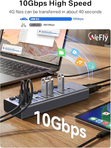 Image of 10 Port USB 3.0x1 with Power Adapter usb3 Fast Powered Data hub, Multiple Splitter, US.B Docking Station, multiport hubs, LEDs on /Off Sw1tch Compatible with pc Laptop MaBook iMac (LKP0652H 10Ports)