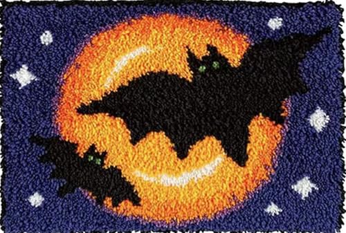 Image of Howie's Latch Hook Kits for Adults, DIY Halloween Latch Hook Kit Rug Crochet Yarn, Color Preprinted Pattern Embroidery Decoration(Halloween Bats, 19.69 x 14.96 inch)