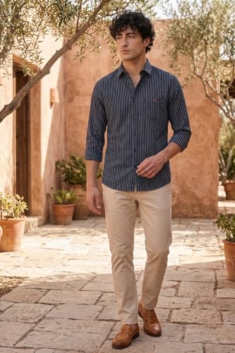 Image of Louis Philippe Men's Slim Fit Signature Oxford Easy Care, Natural Stretch Full Sleeve Stripe Casual Shirt