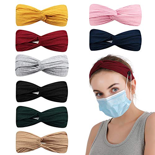 Women Headbands with Buttons for Face Masks, Trobing 8 Pack Knot Stretchy Headband Ear Protection Head Wrap Button Hair Accessories for Nurses Doctor, Elastic Hair Bands for Yoga Sports Running
