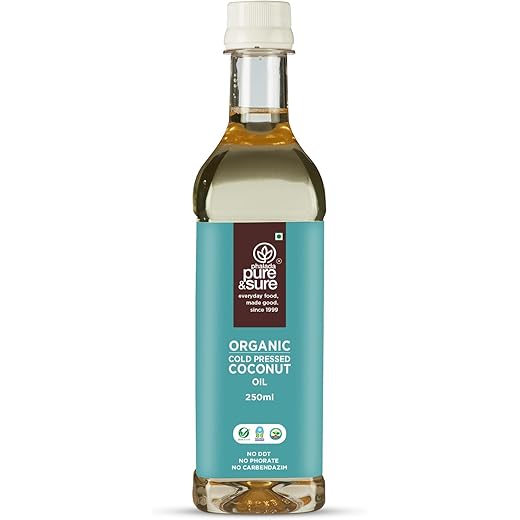 Pure & Sure Cold Pressed Coconut Oil 250ml | 100% Natural, Organic & Pure Nariyal Tel | Used for Cooking, Skin, Hair,Baby massage| Nutrient Rich & Chemical Free