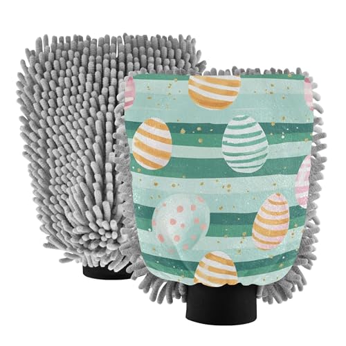 Easter Watercolor Eggs Stripes Microfiber Car Wash Mitt 2 Pack Gloves for Cars Washing Scratch-Free Detailing Sponge for Hand Brush Cleaning