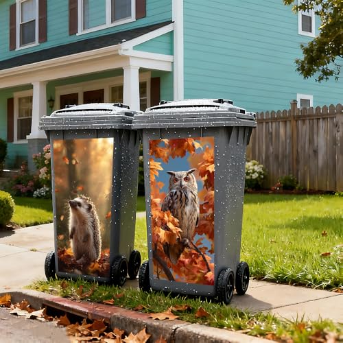 Image of 2 PC Trash Can Sticker 14.57 x 32.28 Inch Autumn Forest Animal Design Vinyl Sticker with Hedgehog Owl and Leaf Pattern for Outdoor Garbage Bin Garden Yard Driveway Home Decor
