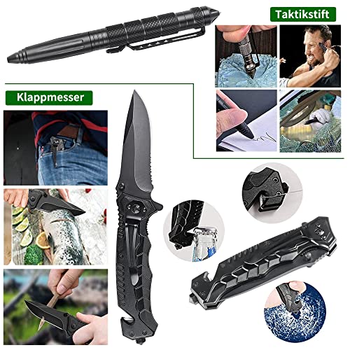 FINIBO Survival Kit 21 in 1, Outdoor Ausrüstung, Außen Notfall Set mit Kompass Taktische Taschenlampe und Weiterem Zubehör, für Camping, Bushcraft, Wandern, Jagde, Abenteuer, Schwarz, 20.6*12.8*5.5cm
