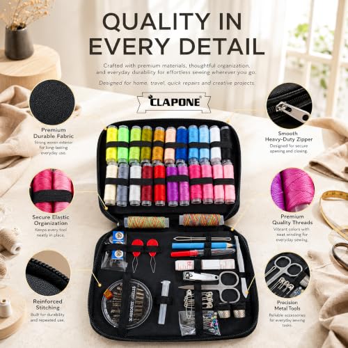 Image of 90 PCS Sewing Kit with 24 Color Threads, Portable Sewing Supplies Set, Needles, Scissors, Measuring Tape, Seam Ripper, Thimbles & Zipper Storage Case for Home, Travel & Emergency