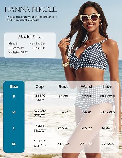 Hanna Nikole Damski zestaw bikini, urocze falbany, seksowny dekolt w serek, efekt push-up, spodnie z wysokim stanem, podwójne paski na ramiona