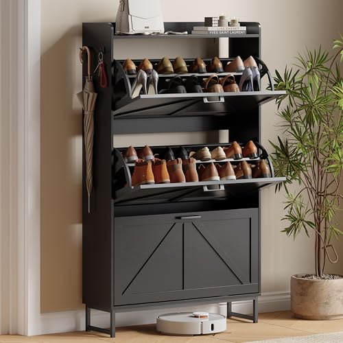 Image of Shoe Cabinet with 3 Flip Drawers, Freestanding Hidden Shoe Storage Organizer for Entryway, Narrow Slim Shoe Rack Cabinet with Open Storage & Hooks for Front Door Entrance, Living Room, Hallway, Black