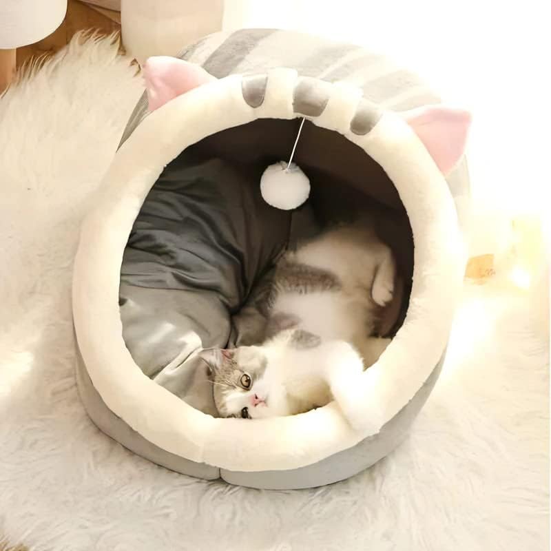 سرير قطط مناسب للقطط المنزلية، سرير بتصميم كهف نصف مغلق للقطط مع كرة من القطيفة، يوفر مساحة كبيرة للقطط كي تنام فيها، سرير قطط مغطى ومريح وناعم مع حصيرة قابلة للفصل والغسل